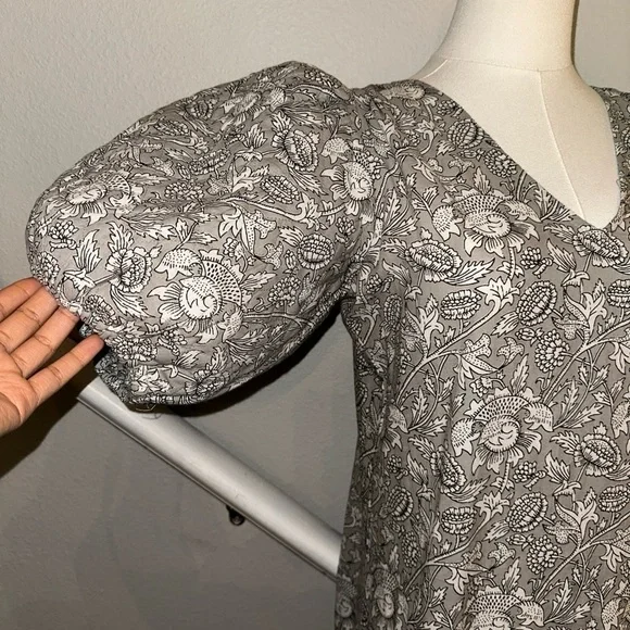 ANNA CATE Grey Floral Block Print Maxi Dress XS Puff Sleeve V-Neck Cotton Luxe - Picture 5 of 8